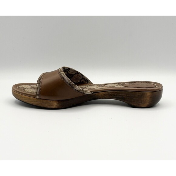 Gucci Leather & Canvas Brown Monogram Sandals w/ Wooden Sole Mule Y2K Sz EU 36.5 - Picture 10 of 13